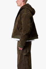 Flocked Hooded Zip Up Work Jacket - Olive