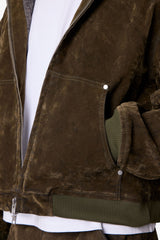 Flocked Hooded Zip Up Work Jacket - Olive
