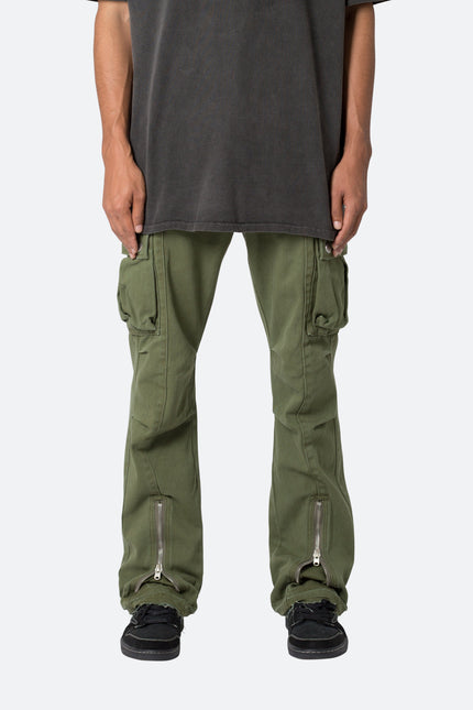 Pantalon cargo évasé à fermeture éclair frontale - Olive