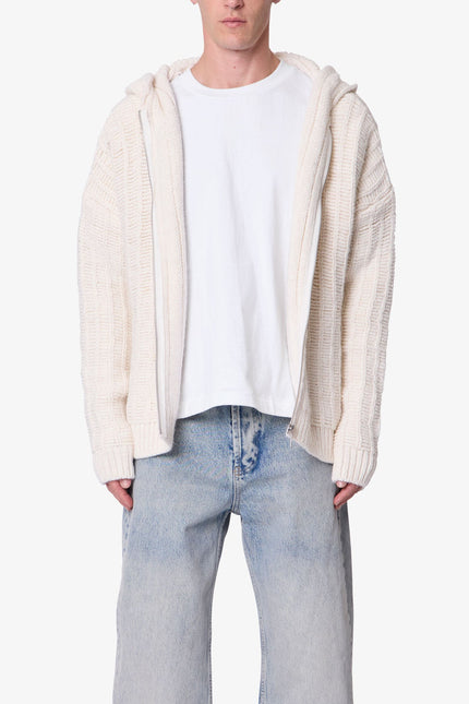 Sweat à capuche zippé en maille - Blanc cassé