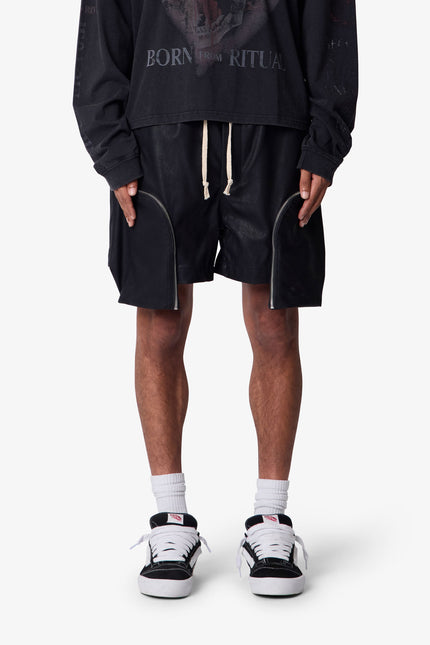 Leather Pocket Geo Shorts - Black