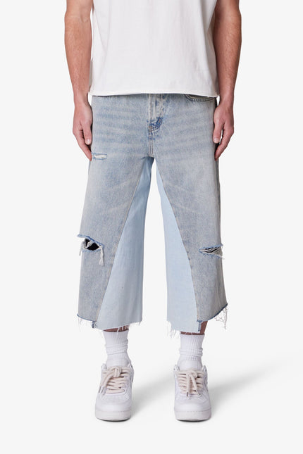 Short en jean à empiècements - Bleu clair délavé