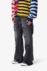 Paneled Distressed Kick Flare Denim - Black