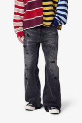 Paneled Distressed Kick Flare Denim - Black