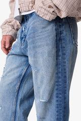 Paneled Distressed Kick Flare Denim - Blue