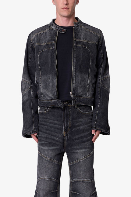 Paneled Moto Denim Jacket - Washed Black