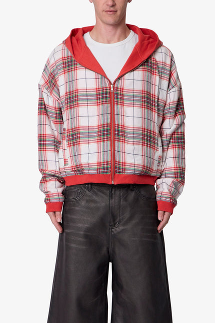 Reversible Flannel Zip Up Hoodie - Red