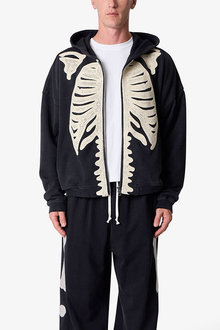 Skeleton Zip Up Hoodie - Washed Black