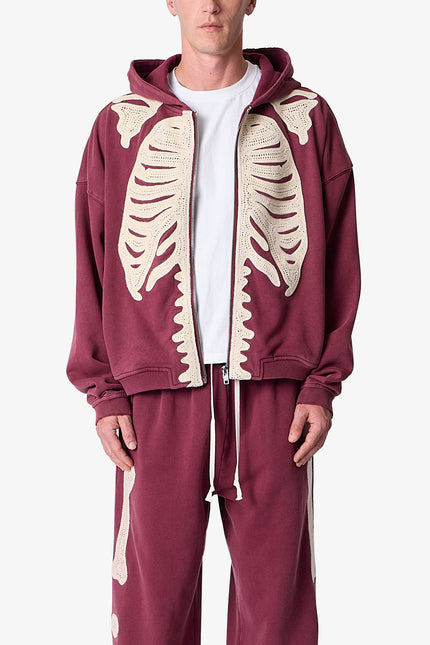 Skeleton Zip Up Hoodie - Washed Red