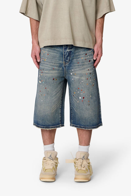 Short en jean ultra ample à cristaux - Bleu