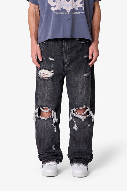 Ultra Baggy Distressed Zipper Denim - Vintage Black