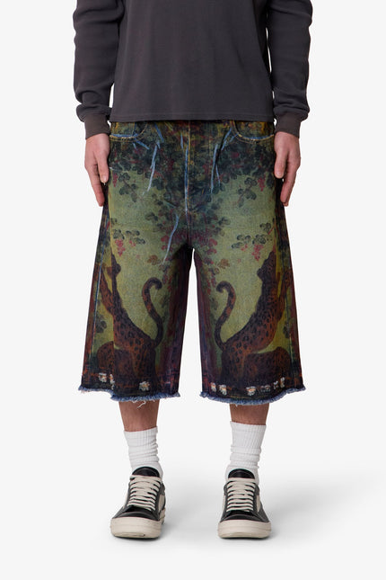 Ultra Baggy Leopard Denim Shorts - Multi