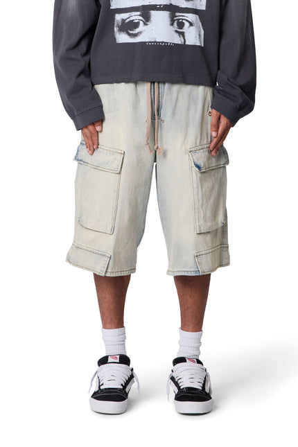Short en jean ultra ample à boutons décalés - Bleu clair