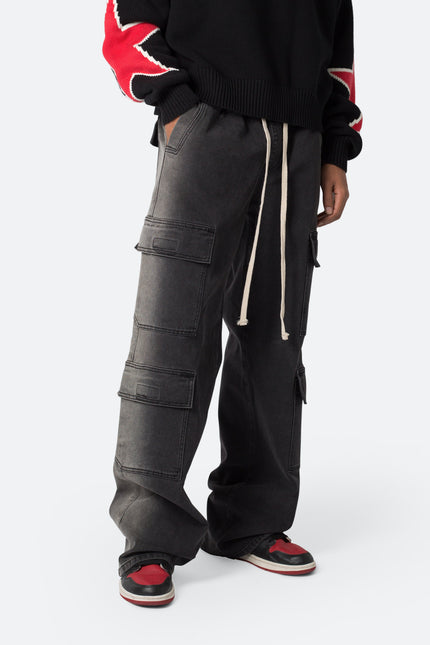 Pantalon en denim délavé à cordon de serrage - Noir délavé