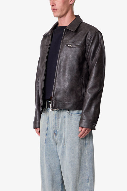Washed Leather Jacket - Black