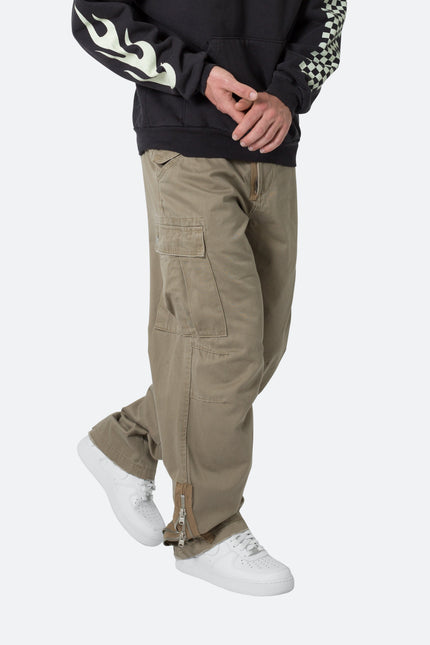 Pantalon cargo en denim kaki avec fermeture éclair