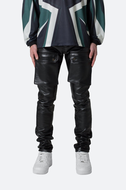 Pantalon cargo en cuir à boutons-pression - Noir