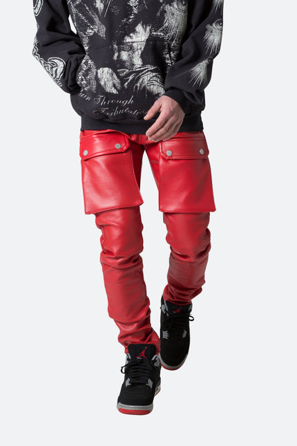 Pantalon cargo en cuir à boutons-pression - Rouge
