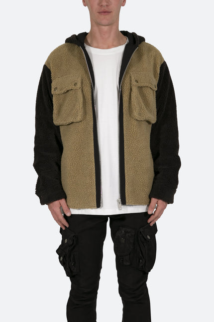 Sudadera con capucha y cremallera de sherpa bicolor - Marrón